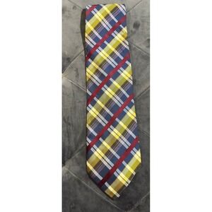 Audrey Buckner Mens Plaid Necktie Blue Burgundy Yellow Multi Color Silk Tie
